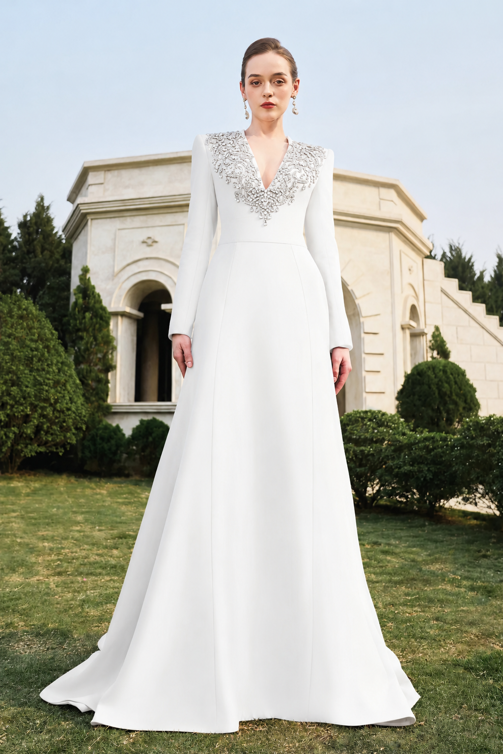 V-Crystal Embellished Flared A-Line Dress - TRACY COUTURE