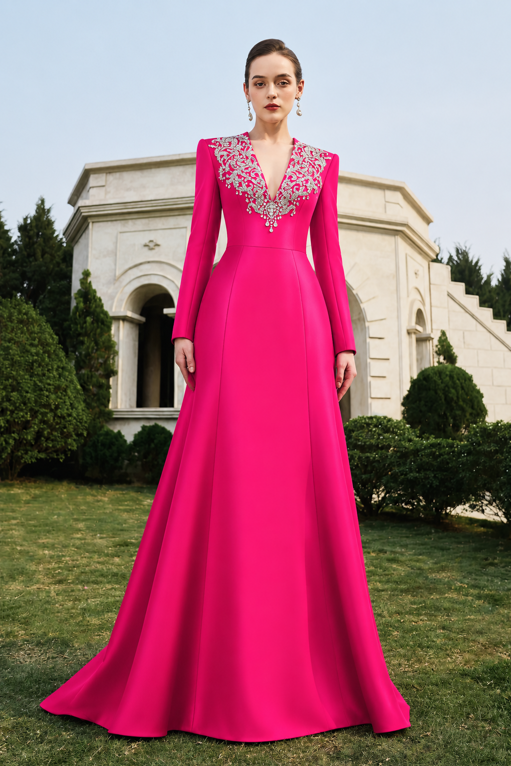 V-Crystal Embellished Flared A-Line Dress - TRACY COUTURE