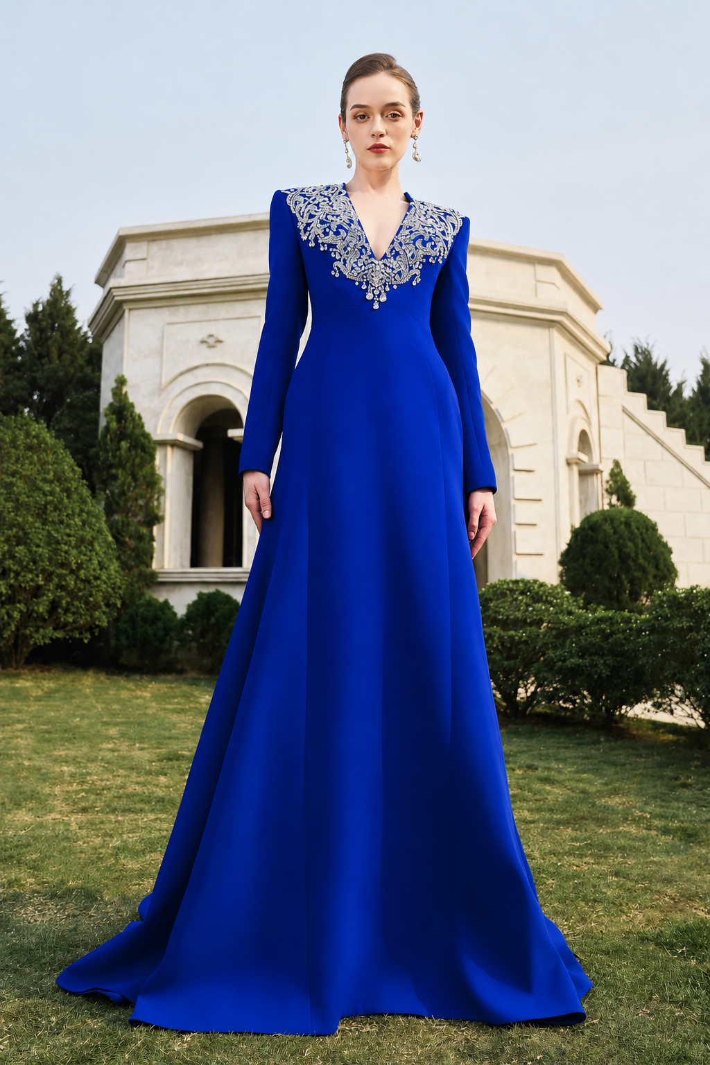 V-Crystal Embellished Flared A-Line Dress - TRACY COUTURE
