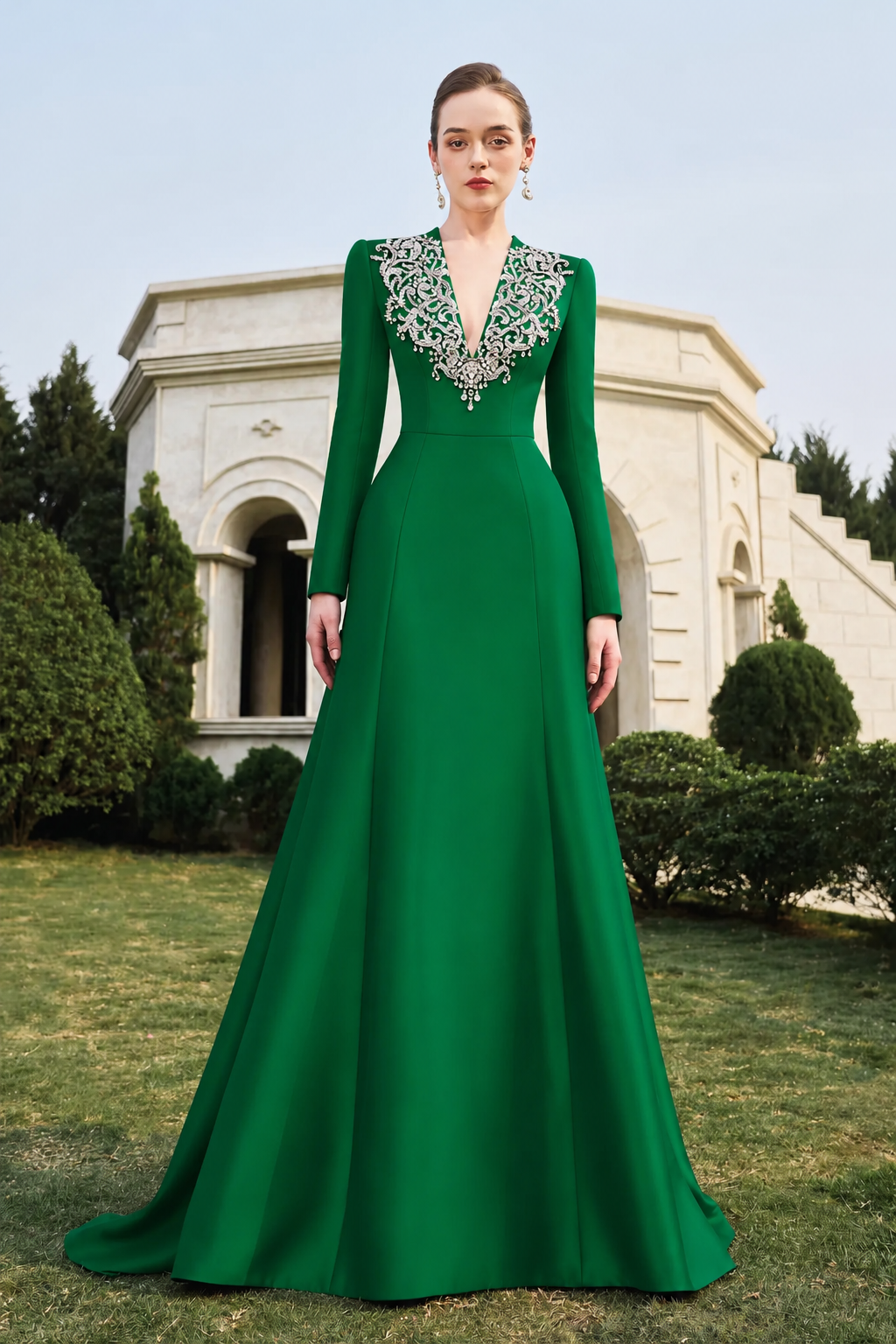 V-Crystal Embellished Flared A-Line Dress - TRACY COUTURE