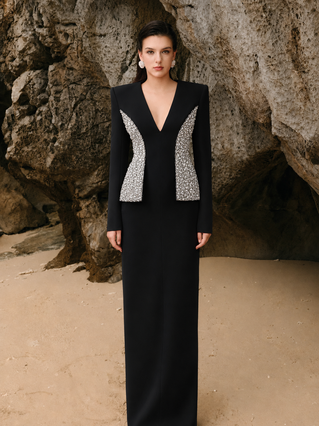 Deep V-Neck Crystal Embellished Flap Straight Dress - TRACY COUTURE