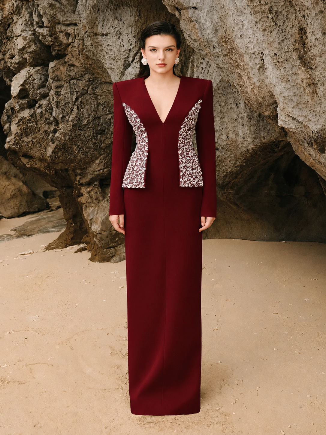 Deep V-Neck Crystal Embellished Flap Straight Dress - TRACY COUTURE