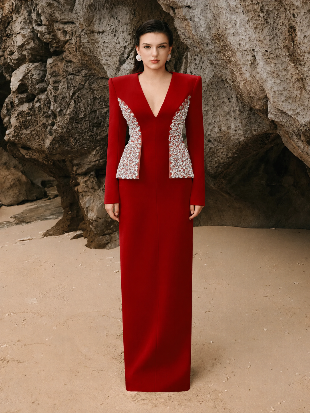 Deep V-Neck Crystal Embellished Flap Straight Dress - TRACY COUTURE