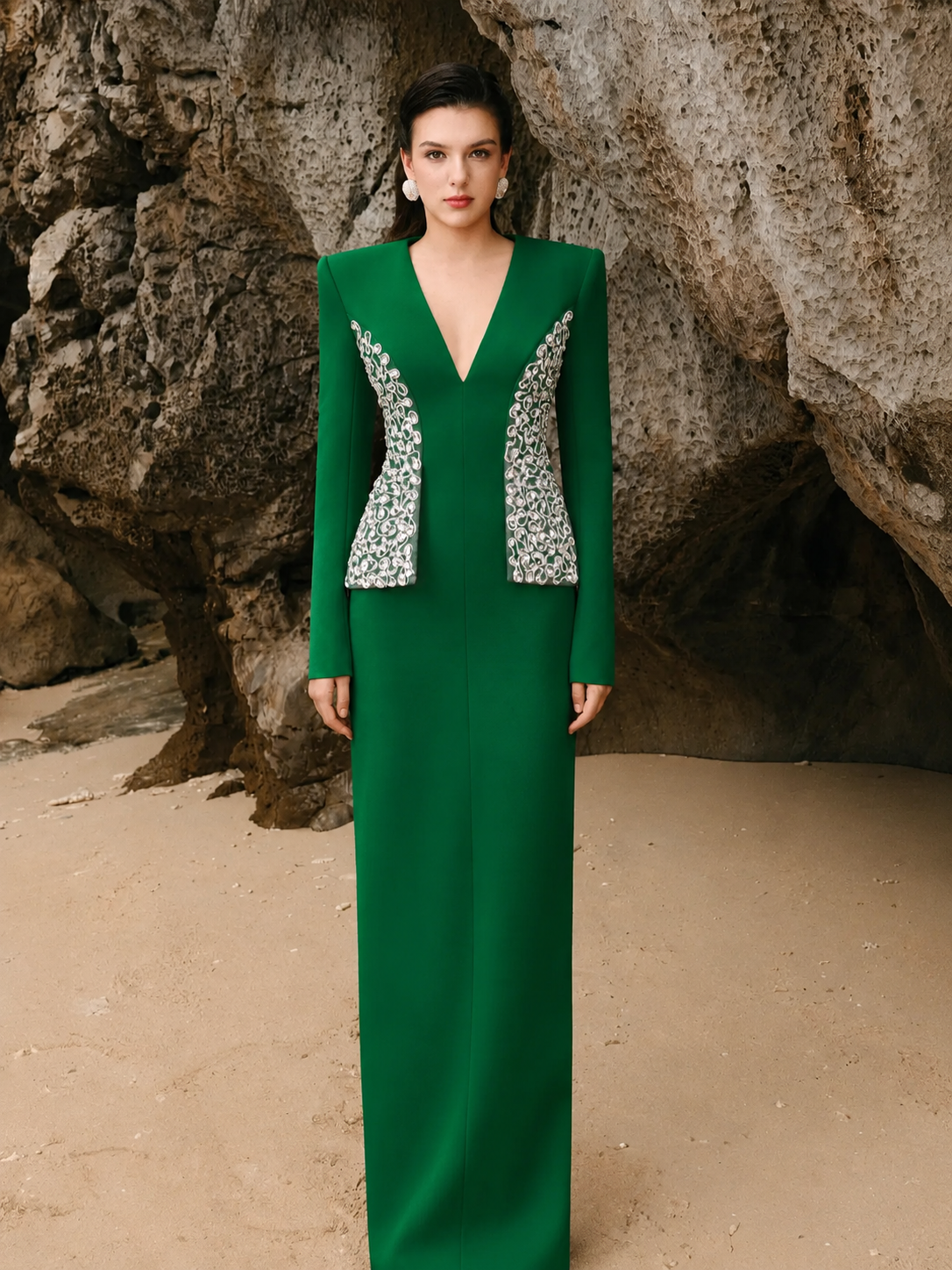 Deep V-Neck Crystal Embellished Flap Straight Dress - TRACY COUTURE