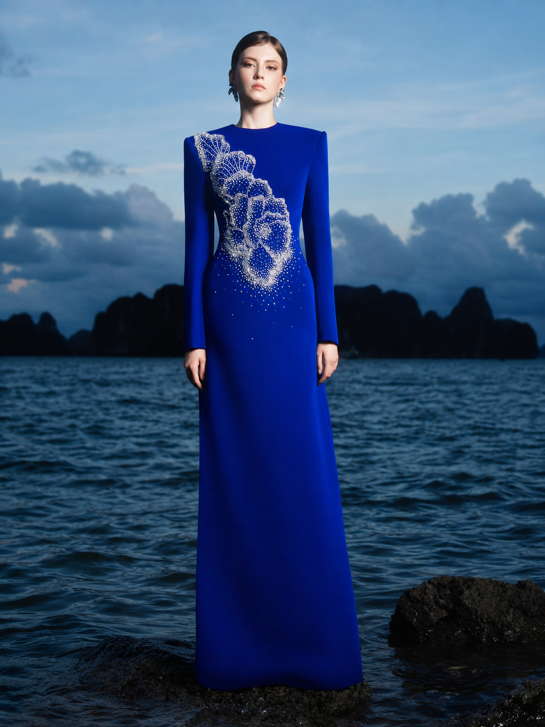Floral Crystal Pattern Straight Dress - TRACY COUTURE
