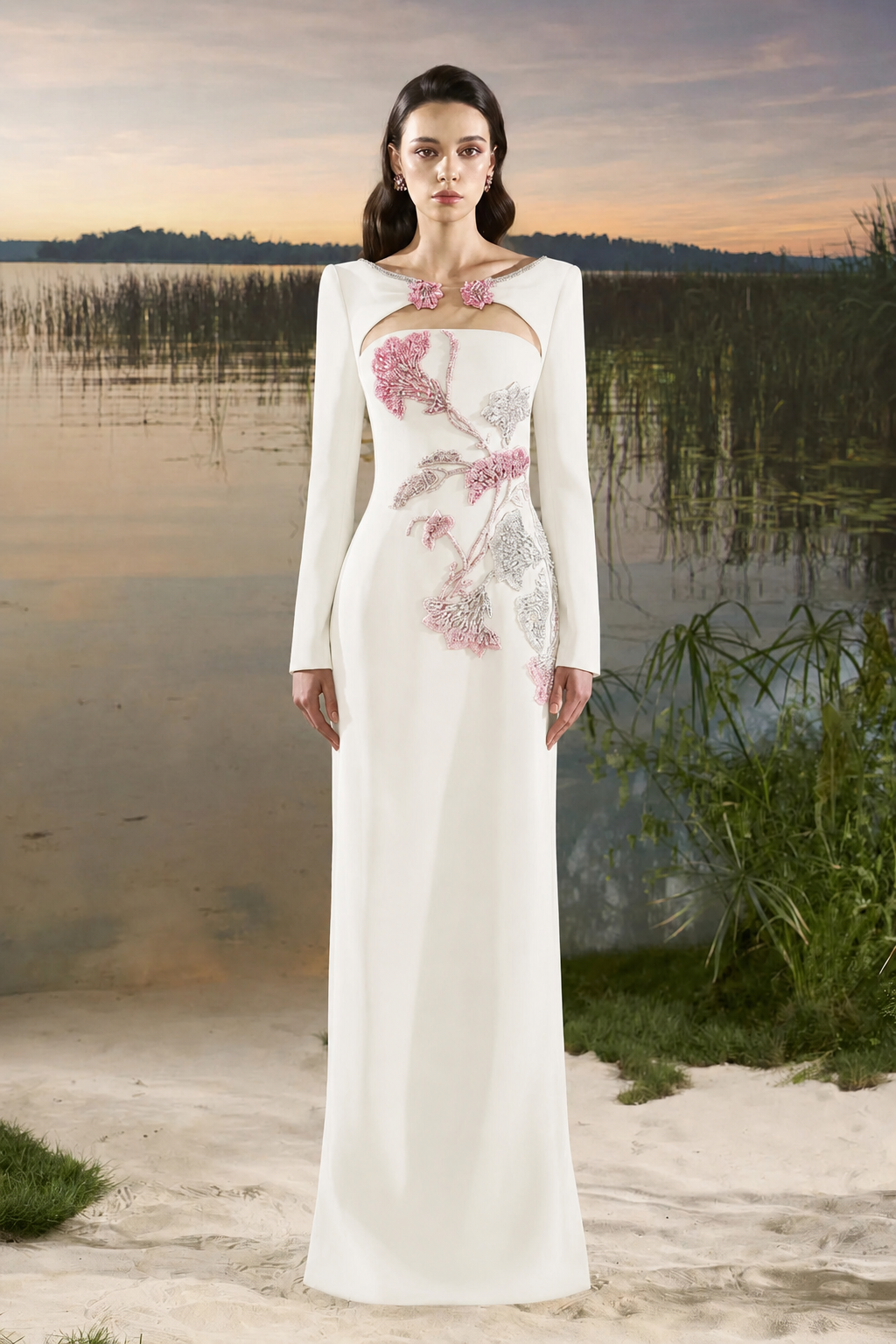 Wide Neck Open Chest Floral Embellished Dress - TRACY COUTURE