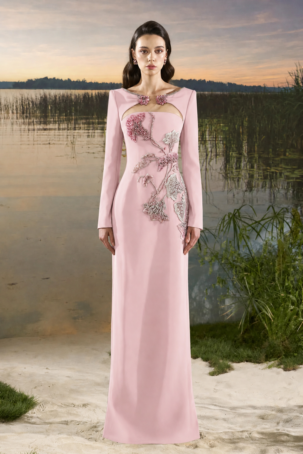 Wide Neck Open Chest Floral Embellished Dress - TRACY COUTURE