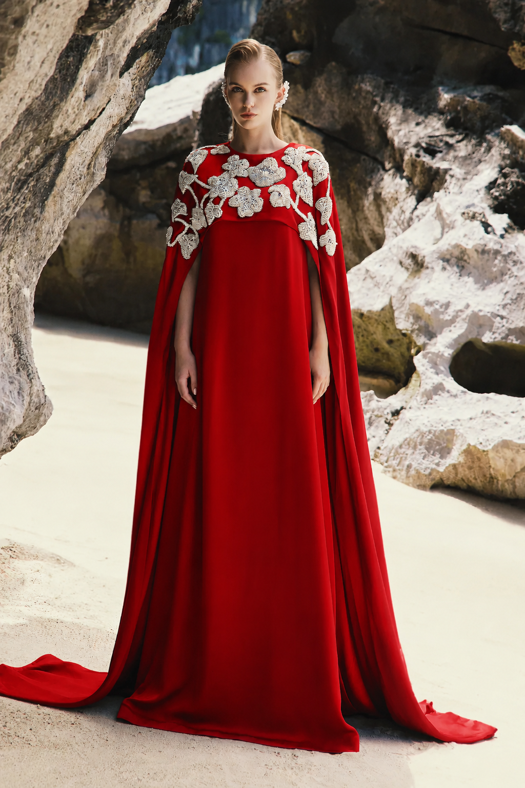 Long Back Flap 3D Embellished Dress - TRACY COUTURE