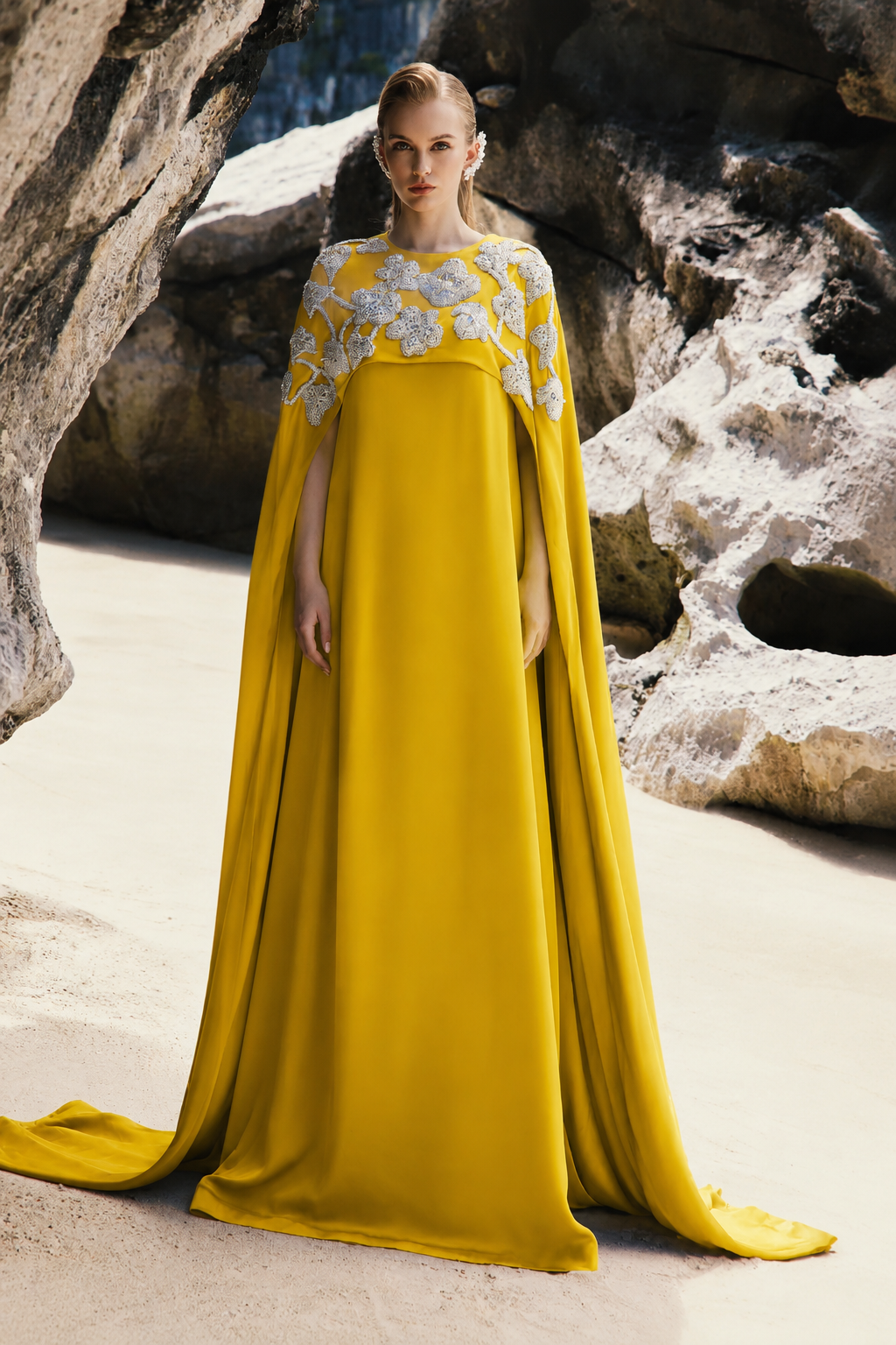 Long Back Flap 3D Embellished Dress - TRACY COUTURE