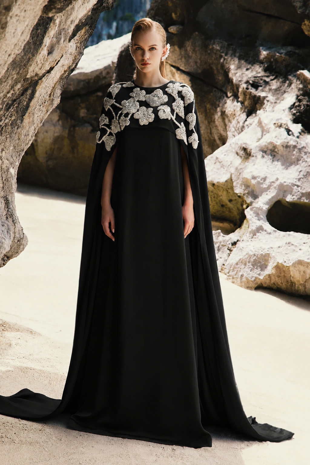 Long Back Flap 3D Embellished Dress - TRACY COUTURE