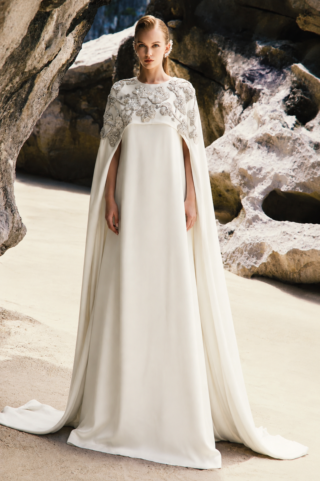 Long Back Flap 3D Embellished Dress - TRACY COUTURE