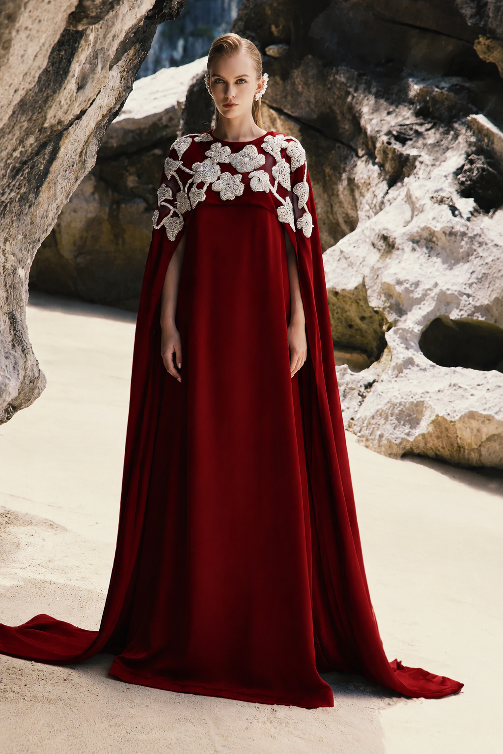 Long Back Flap 3D Embellished Dress - TRACY COUTURE