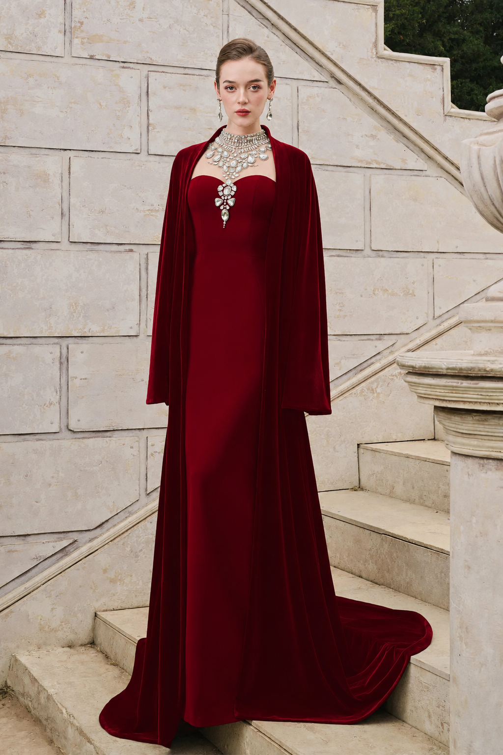 Flared Velvet Cape With Crystal-Embellished Shoulder Dress Set - TRACY COUTURE