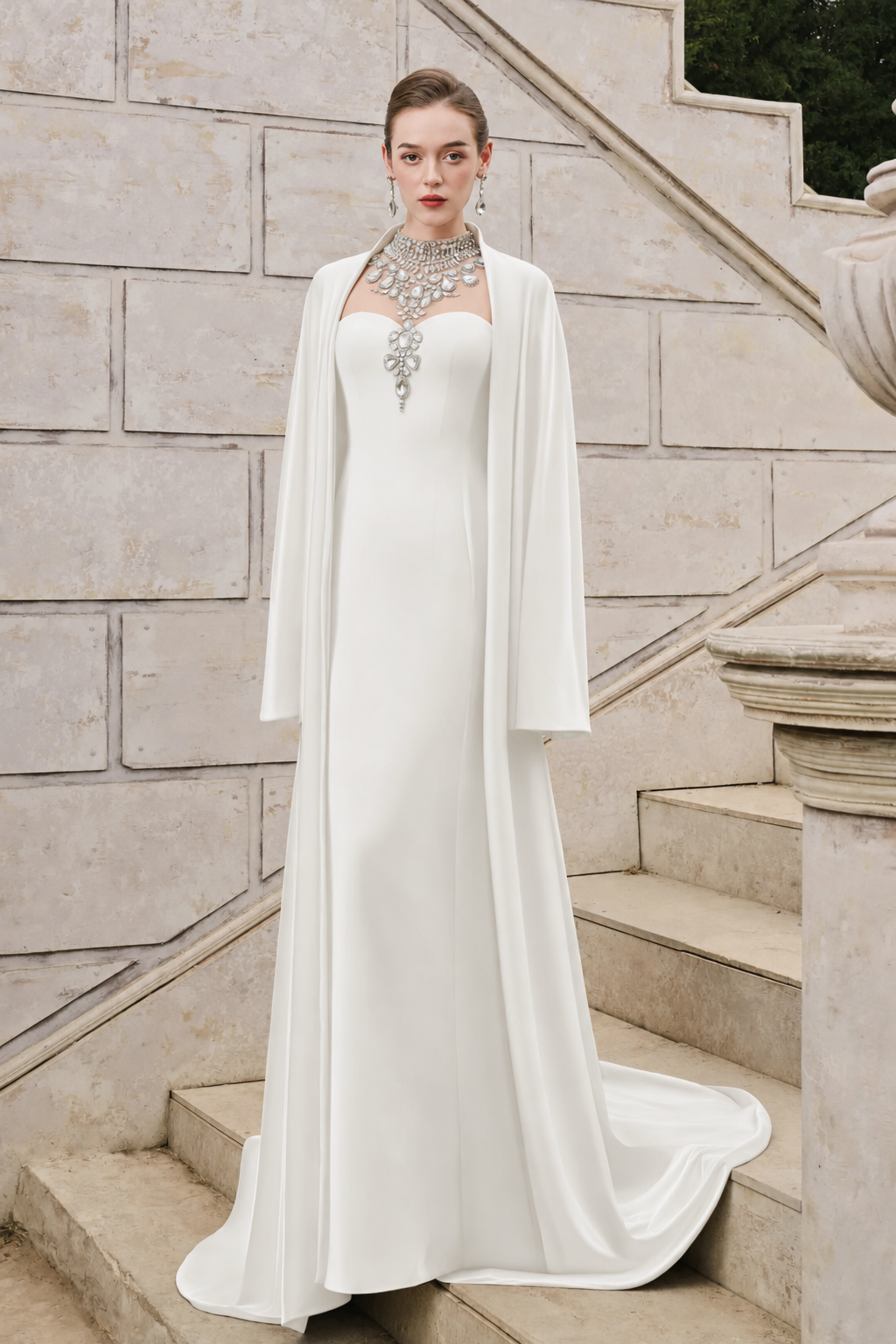 Flared Velvet Cape With Crystal-Embellished Shoulder Dress Set - TRACY COUTURE