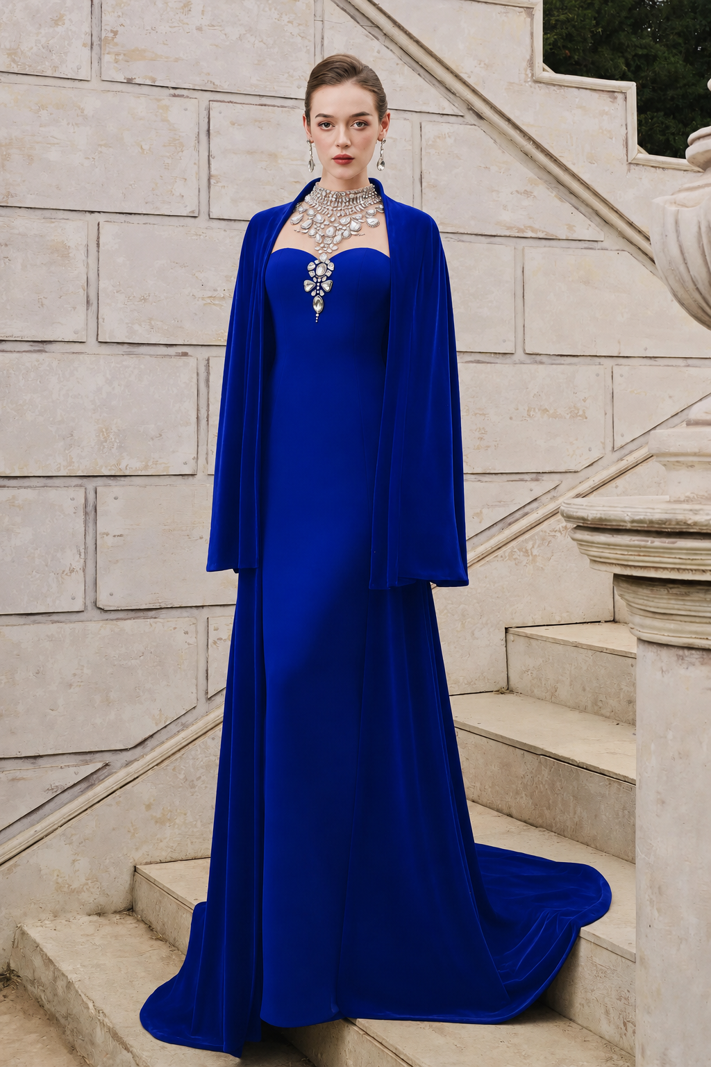 Flared Velvet Cape With Crystal-Embellished Shoulder Dress Set - TRACY COUTURE