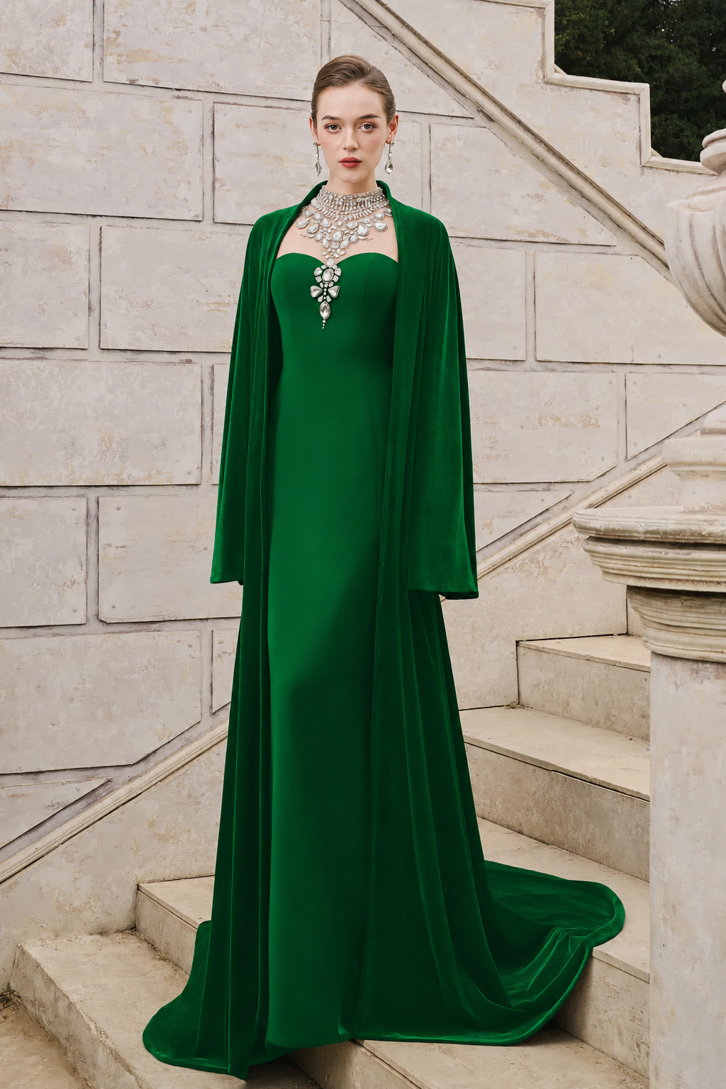 Flared Velvet Cape With Crystal-Embellished Shoulder Dress Set - TRACY COUTURE