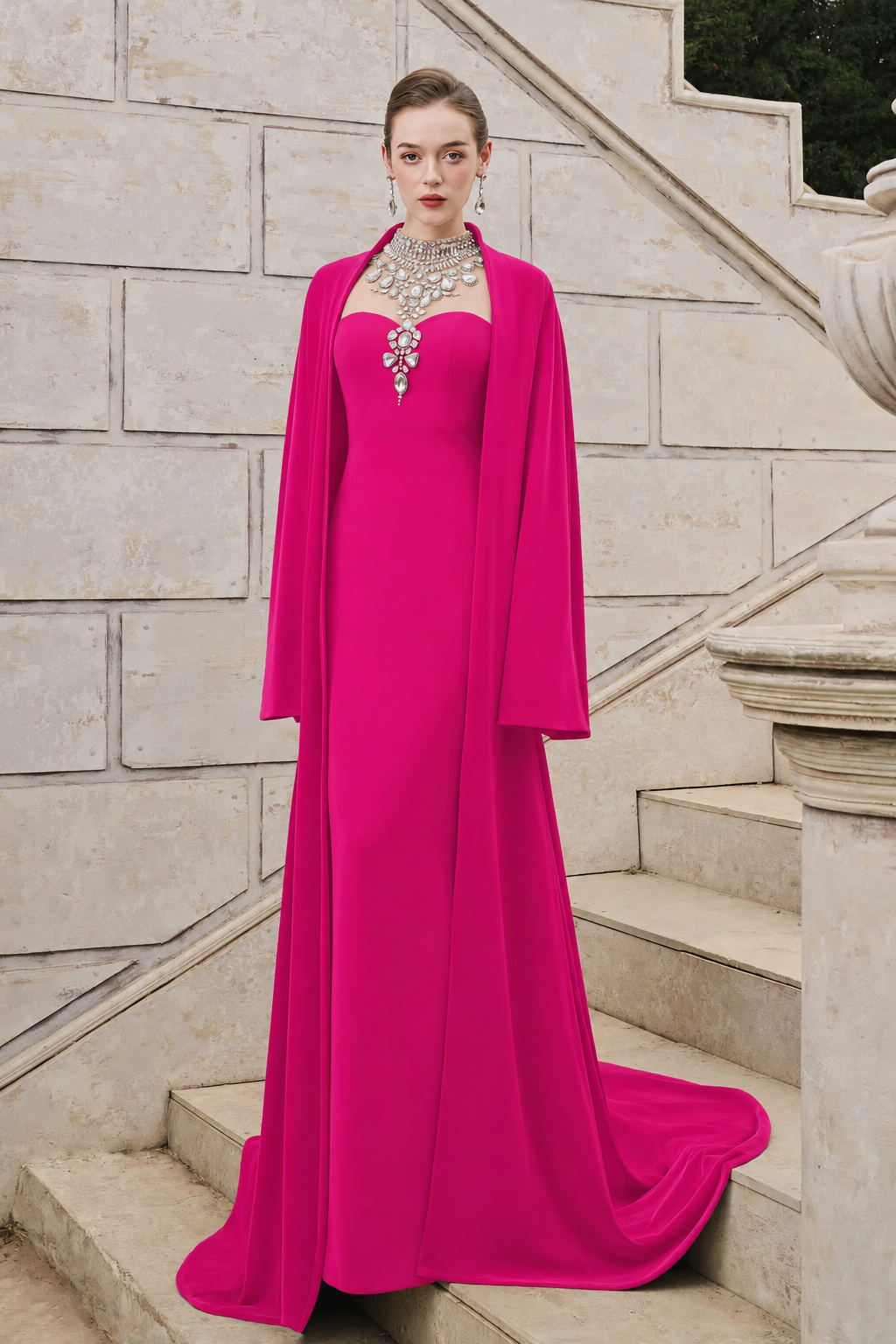 Flared Velvet Cape With Crystal-Embellished Shoulder Dress Set - TRACY COUTURE