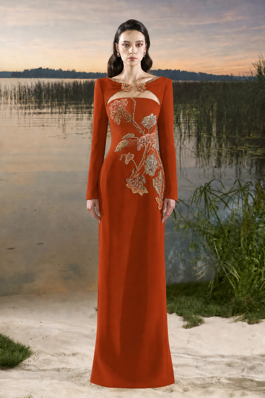 Wide Neck Open Chest Floral Embellished Dress - TRACY COUTURE