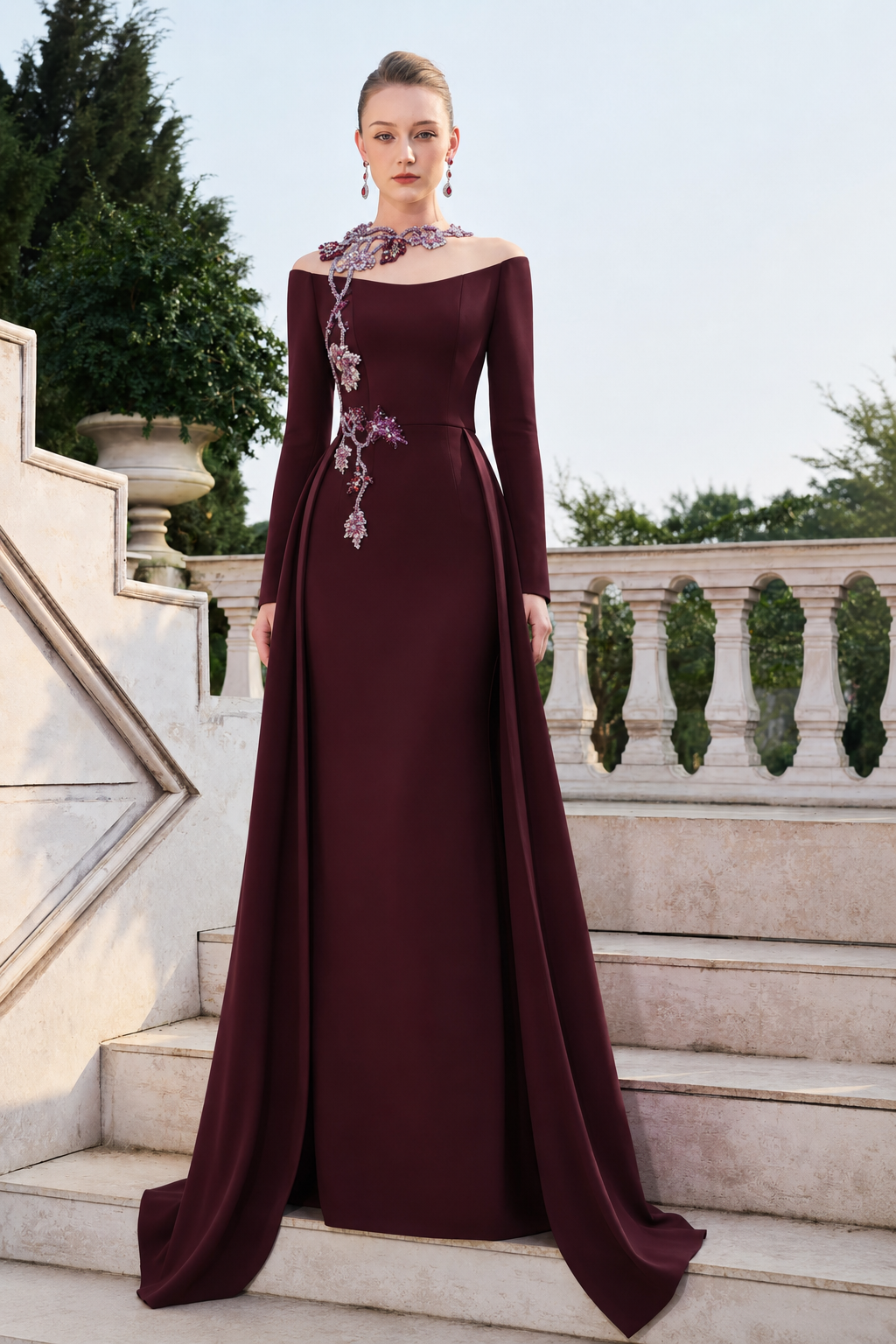 See Through Shoulder With 3D Embellished Flared Flap Dress - TRACY COUTURE