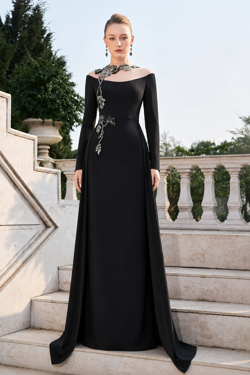 See Through Shoulder With 3D Embellished Flared Flap Dress - TRACY COUTURE