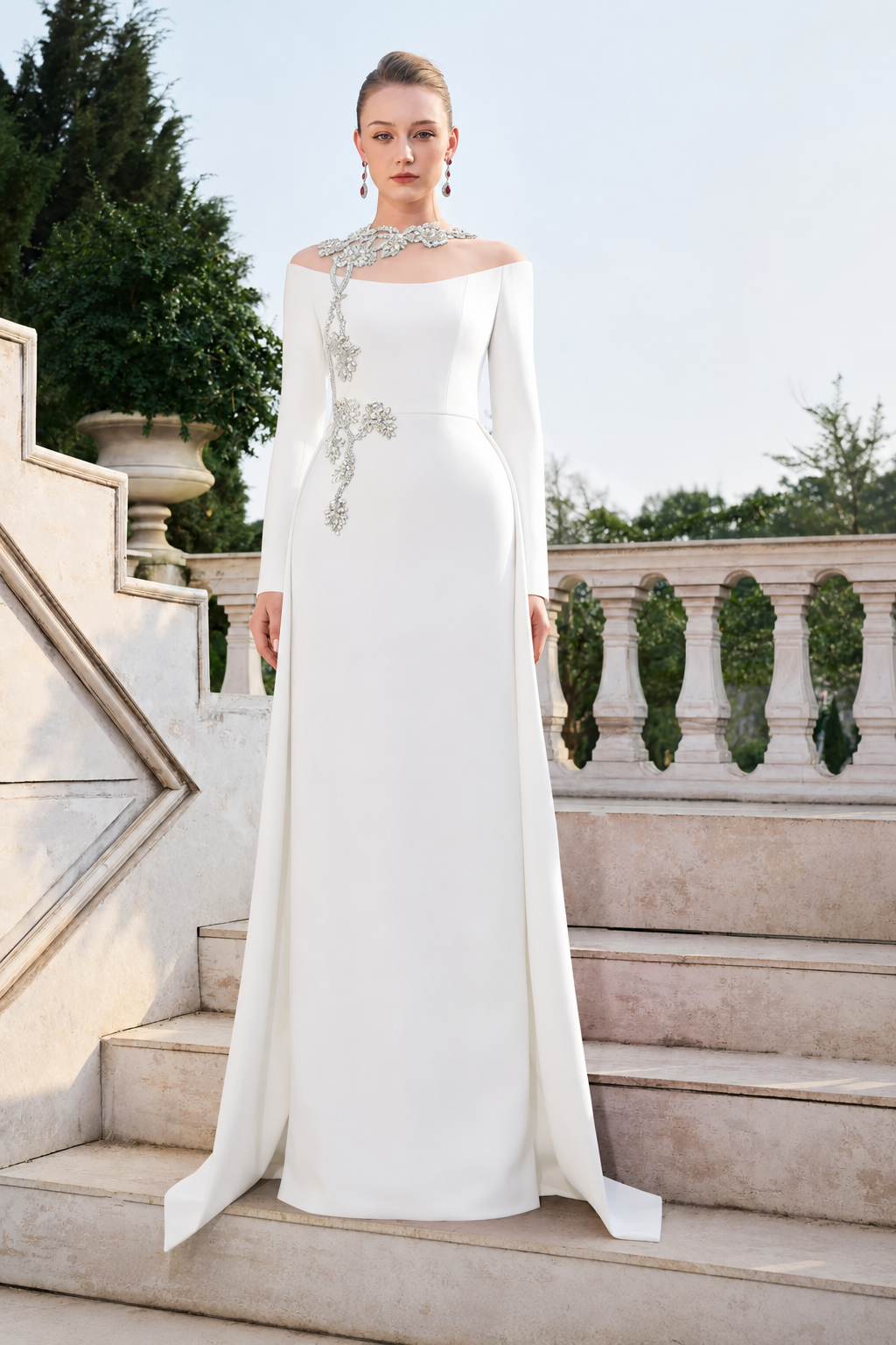 See Through Shoulder With 3D Embellished Flared Flap Dress - TRACY COUTURE