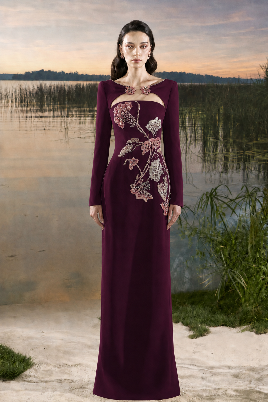 Wide Neck Open Chest Floral Embellished Dress - TRACY COUTURE