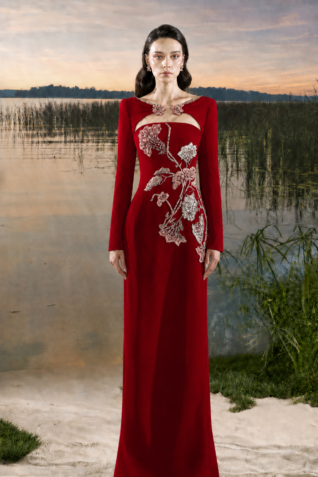 Wide Neck Open Chest Floral Embellished Dress - TRACY COUTURE