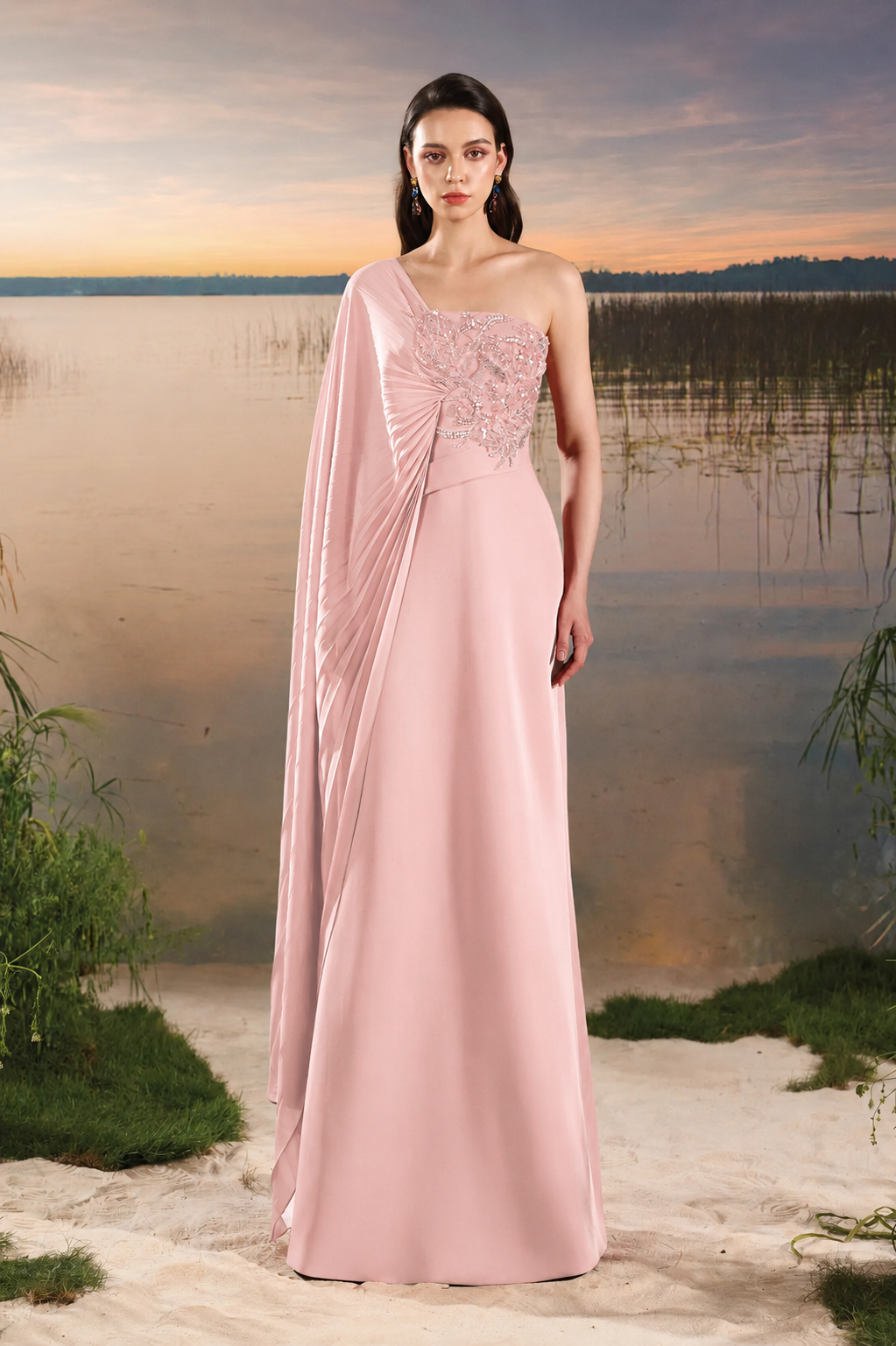 One-Shoulder Pleated Flap Dress - TRACY COUTURE