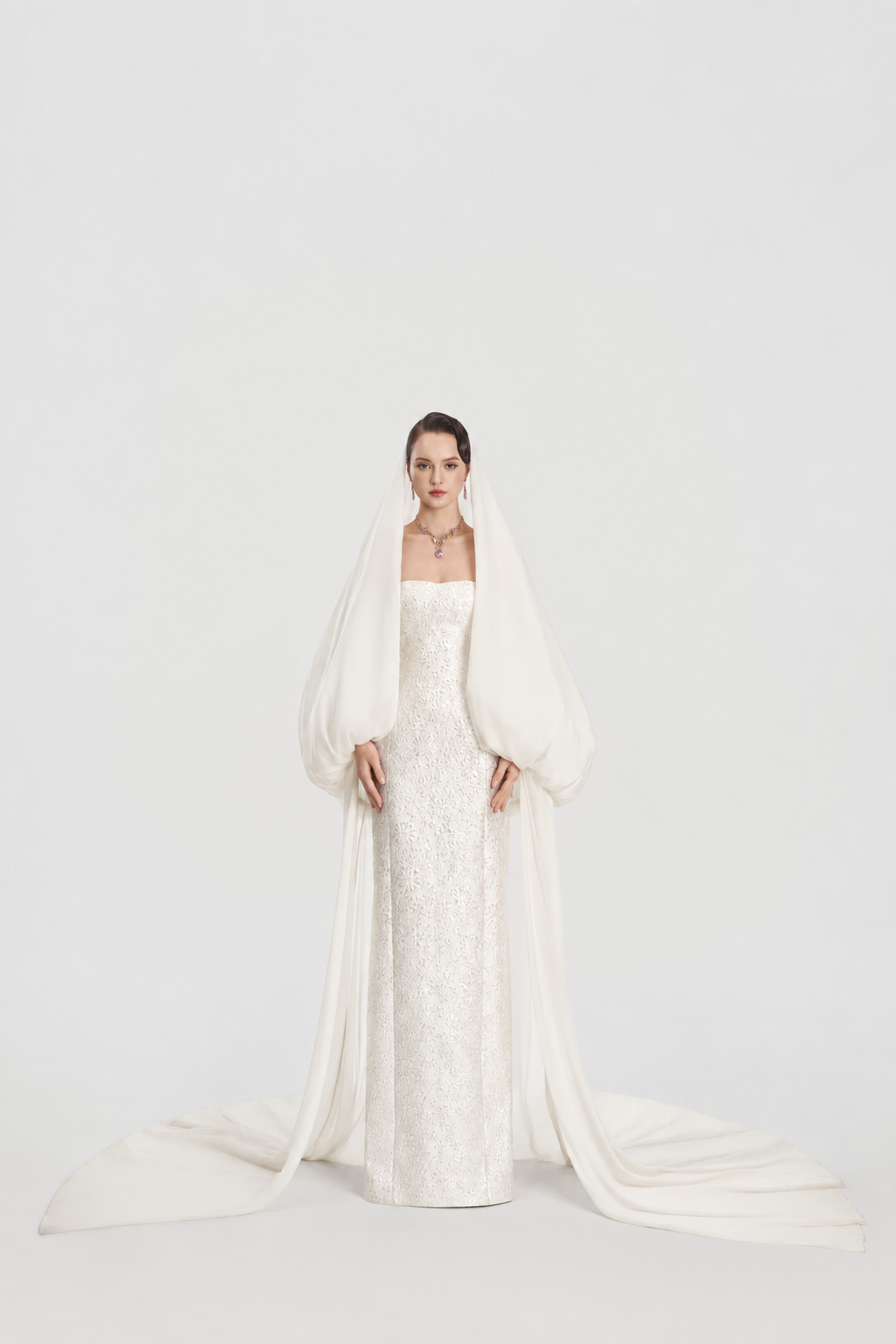 Hooded Veil Cape Long Flap Straight Dress Set - TRACY COUTURE