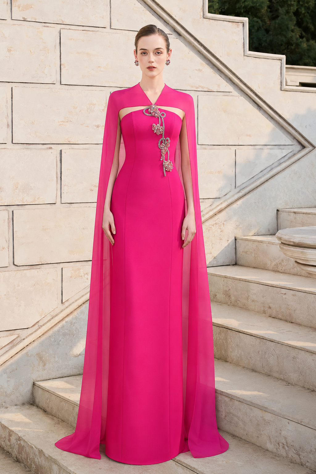 Long Back Cape With Open Chest Dress - TRACY COUTURE