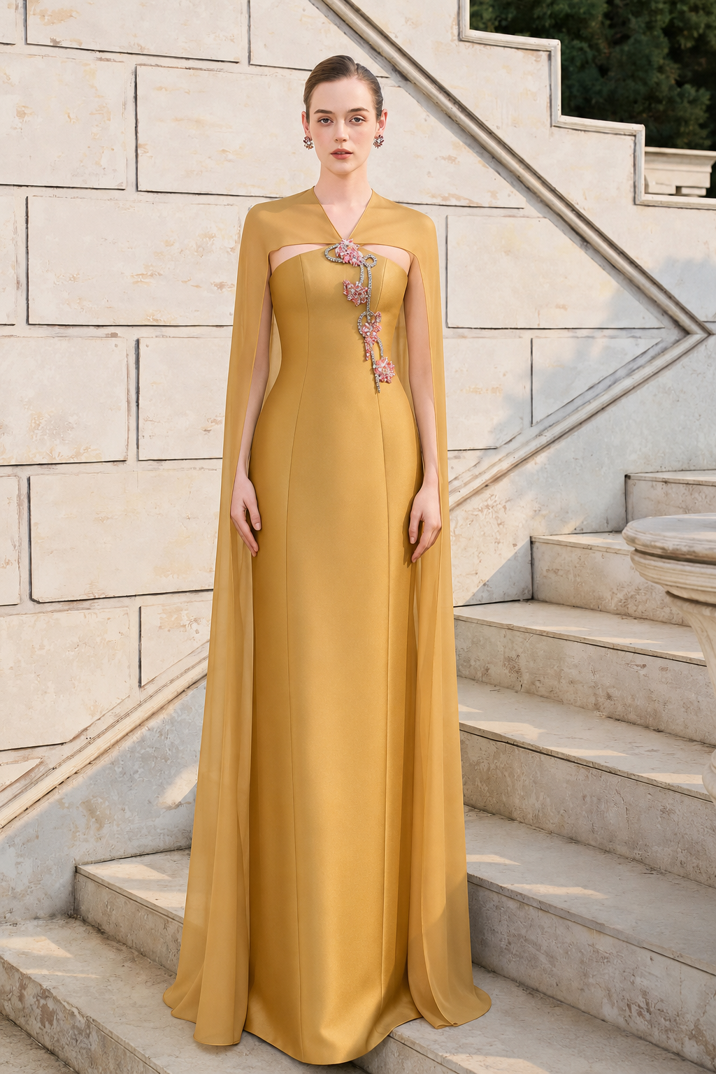 Long Back Cape With Open Chest Dress - TRACY COUTURE