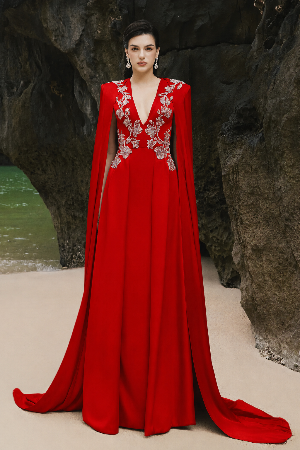 Layered Flap Long Sleeves Cape Dress - TRACY COUTURE