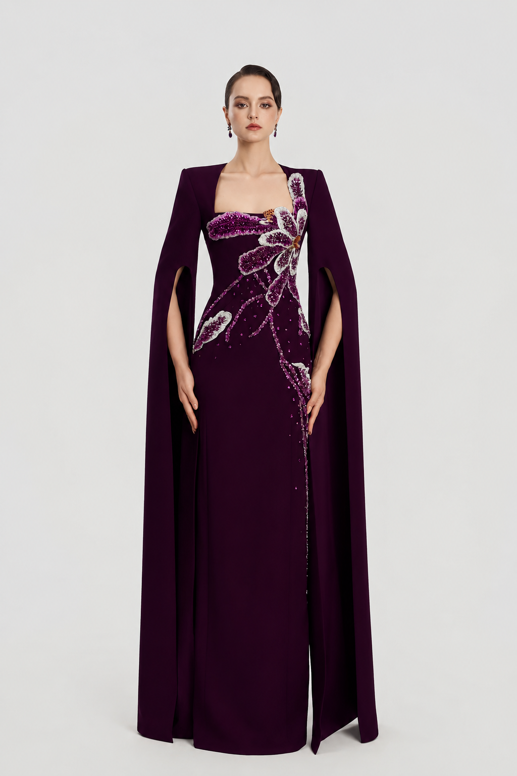 Long Cape Sleeves Straight Dress - TRACY COUTURE