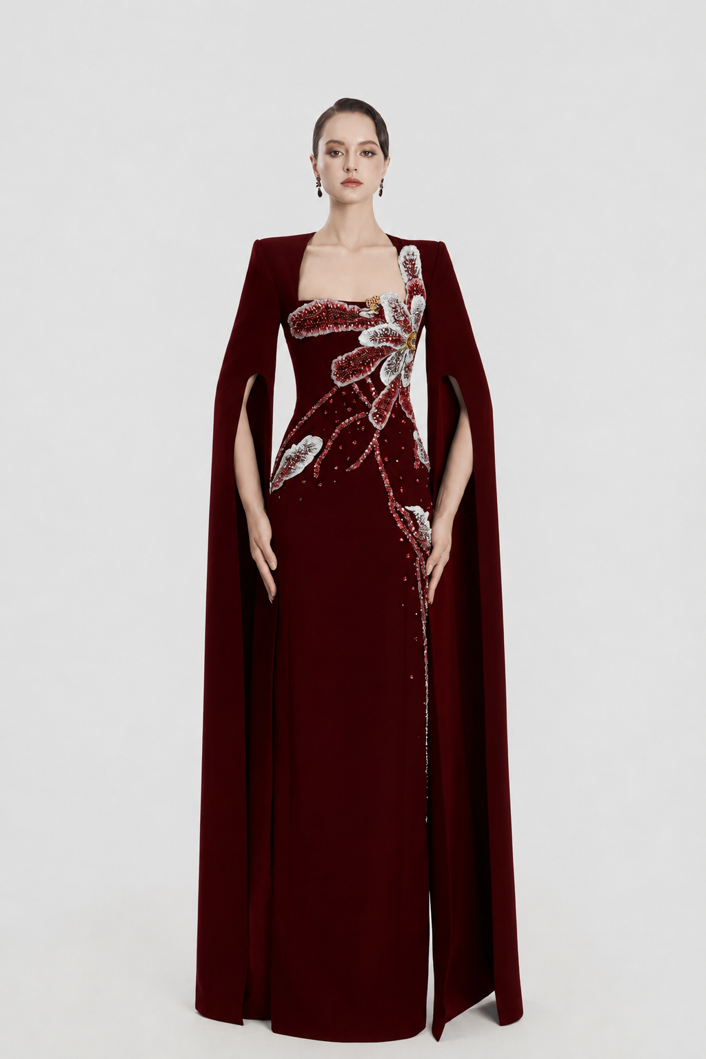 Long Cape Sleeves Straight Dress - TRACY COUTURE