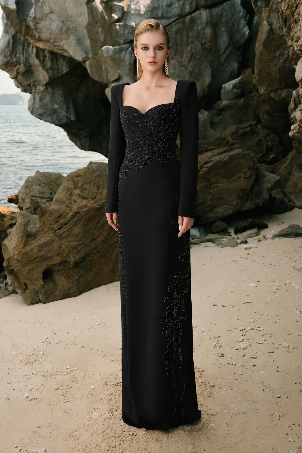 Queen Anne Neckline Crystal Embellished Dress M / Black