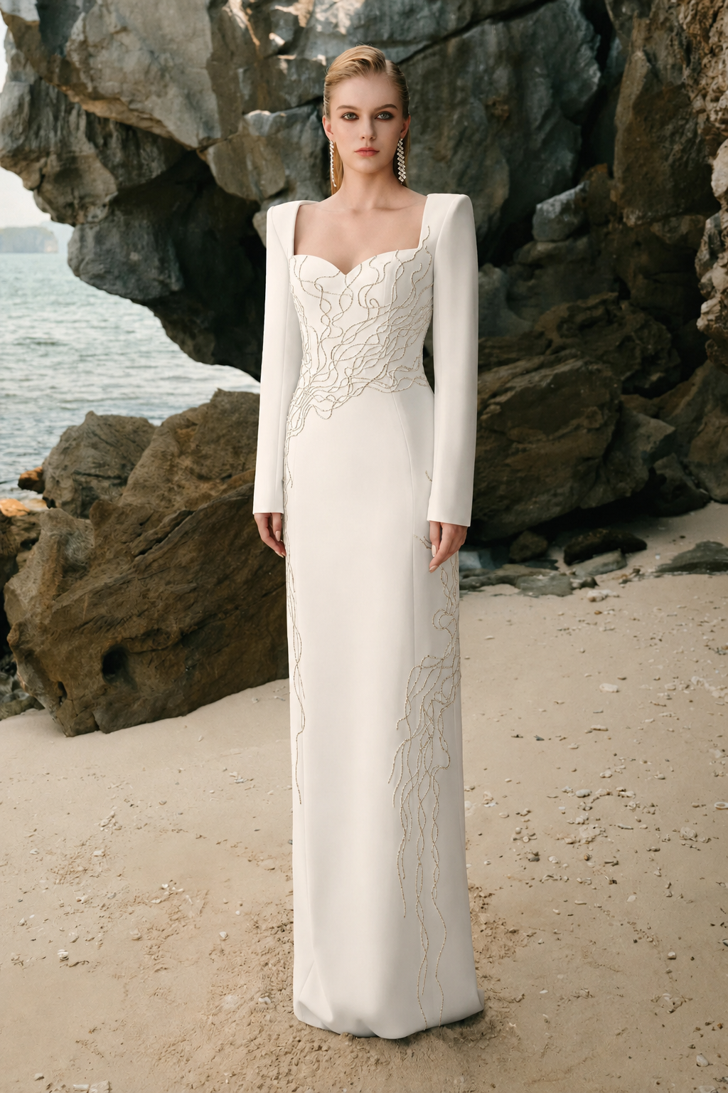Queen Anne Neckline Crystal Embellished Dress - TRACY COUTURE