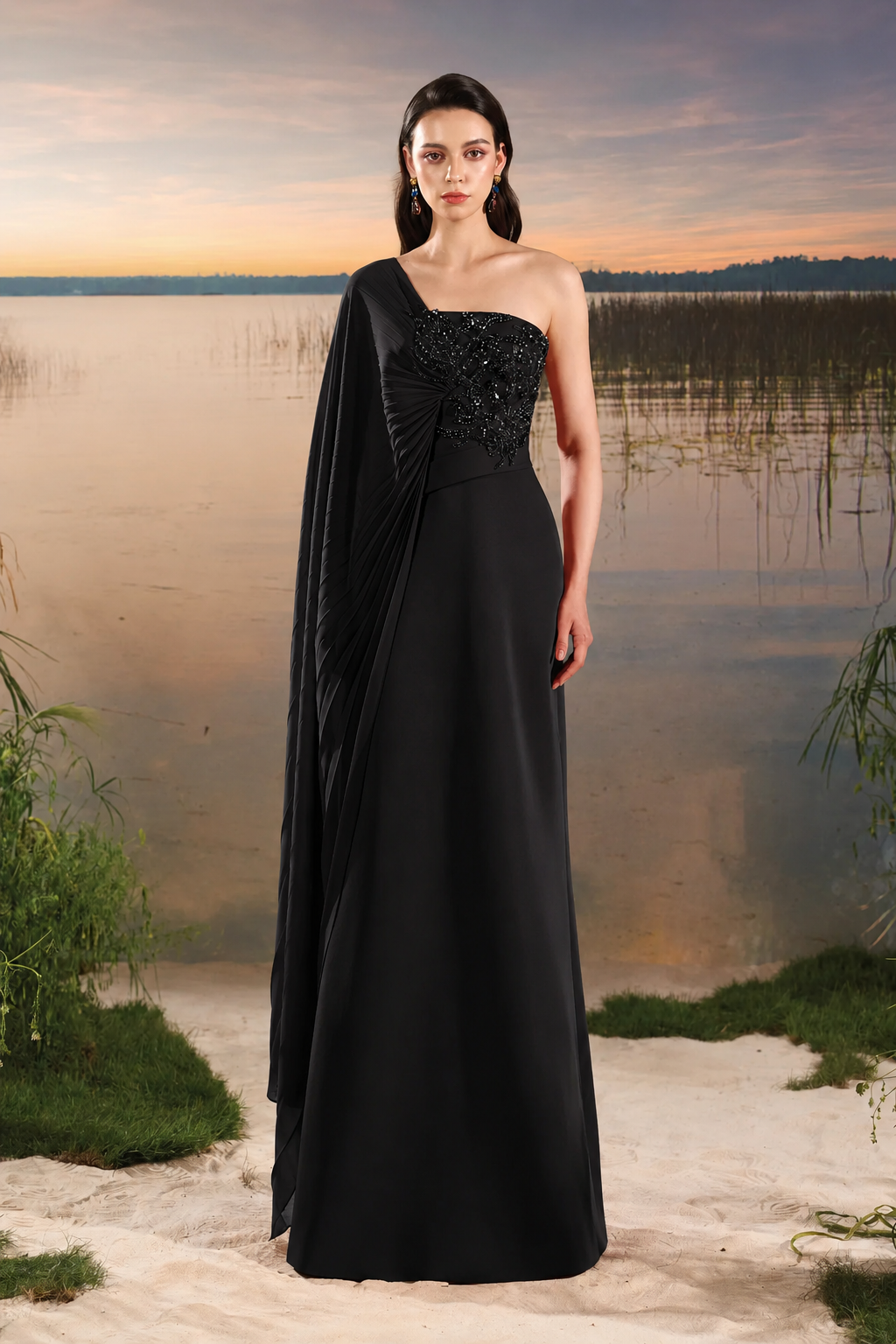 One-Shoulder Pleated Flap Dress - TRACY COUTURE