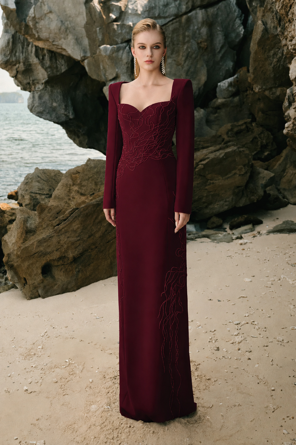Queen Anne Neckline Crystal Embellished Dress TRACY COUTURE Queen Anne Neckline Crystal Embellished Dress TRACY COUTURE