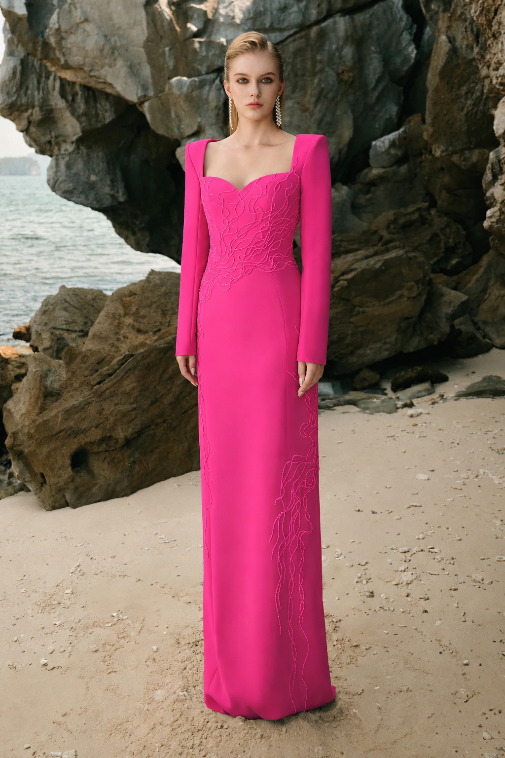 Queen Anne Neckline Crystal Embellished Dress - TRACY COUTURE