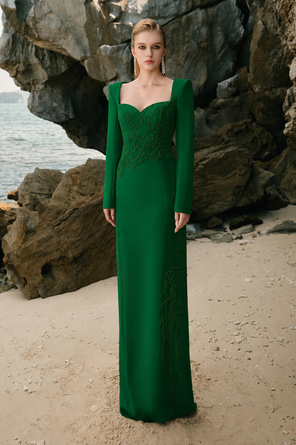 Queen Anne Neckline Crystal Embellished Dress M / Green