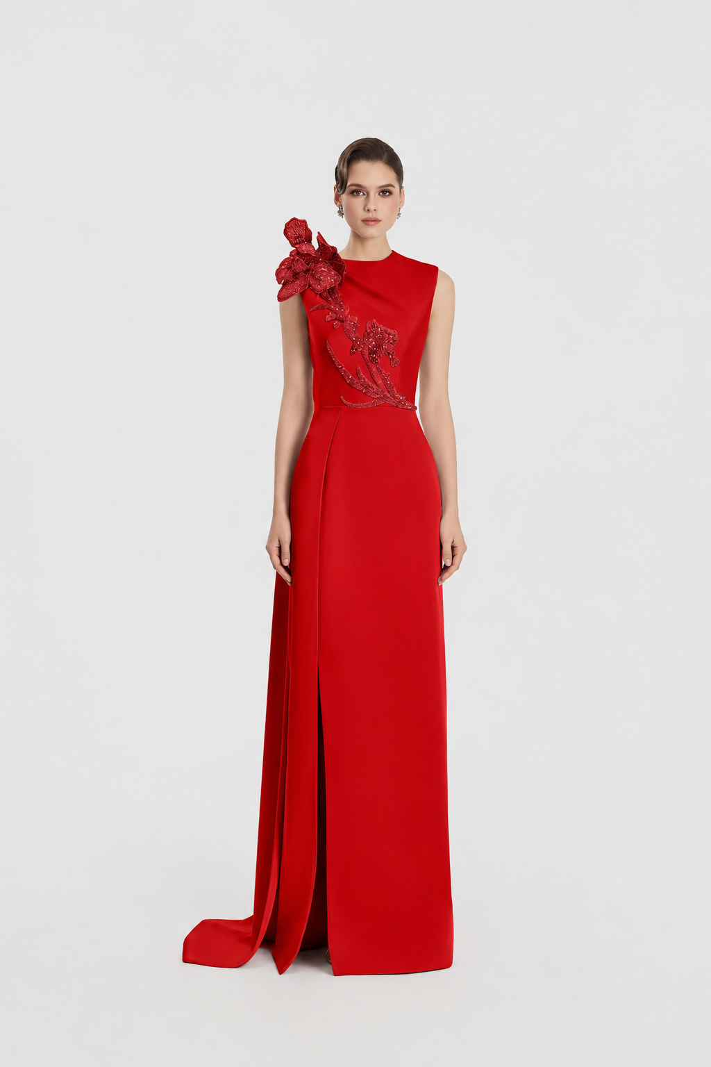 Sleeveless Double Slit Straight Dress - TRACY COUTURE