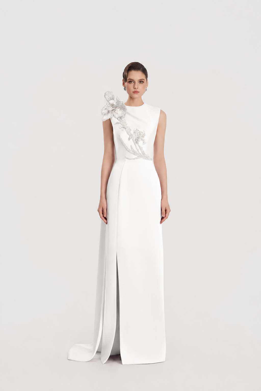Sleeveless Double Slit Straight Dress - TRACY COUTURE