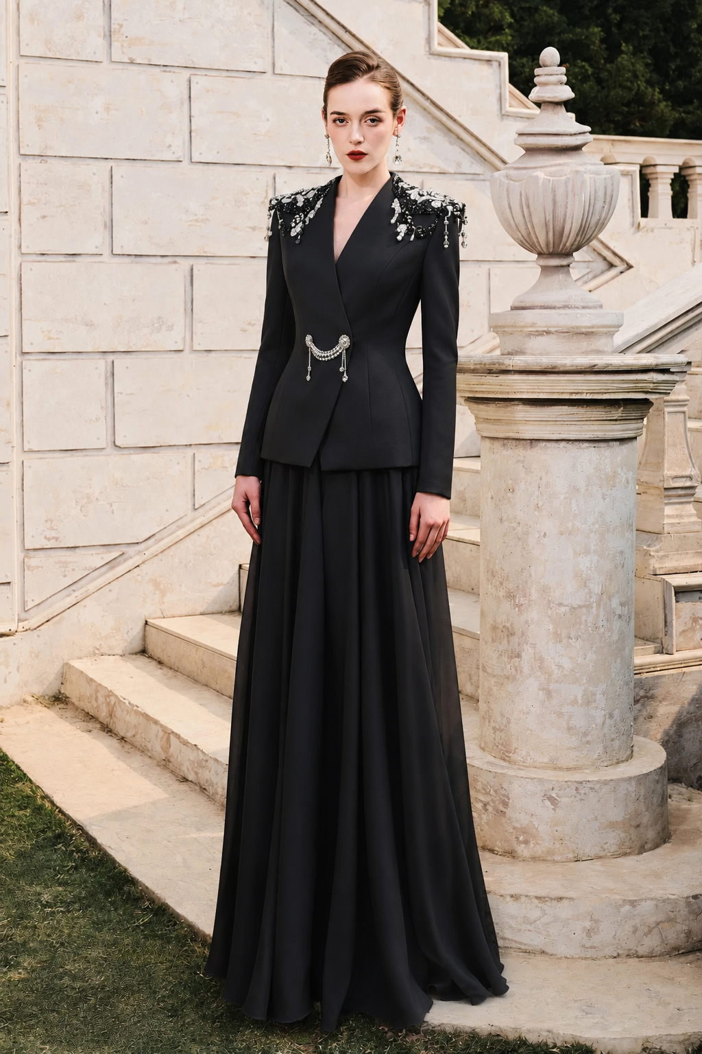 Stylized Shoulder Blazer With Flared A-Line Skirt Set M / Black