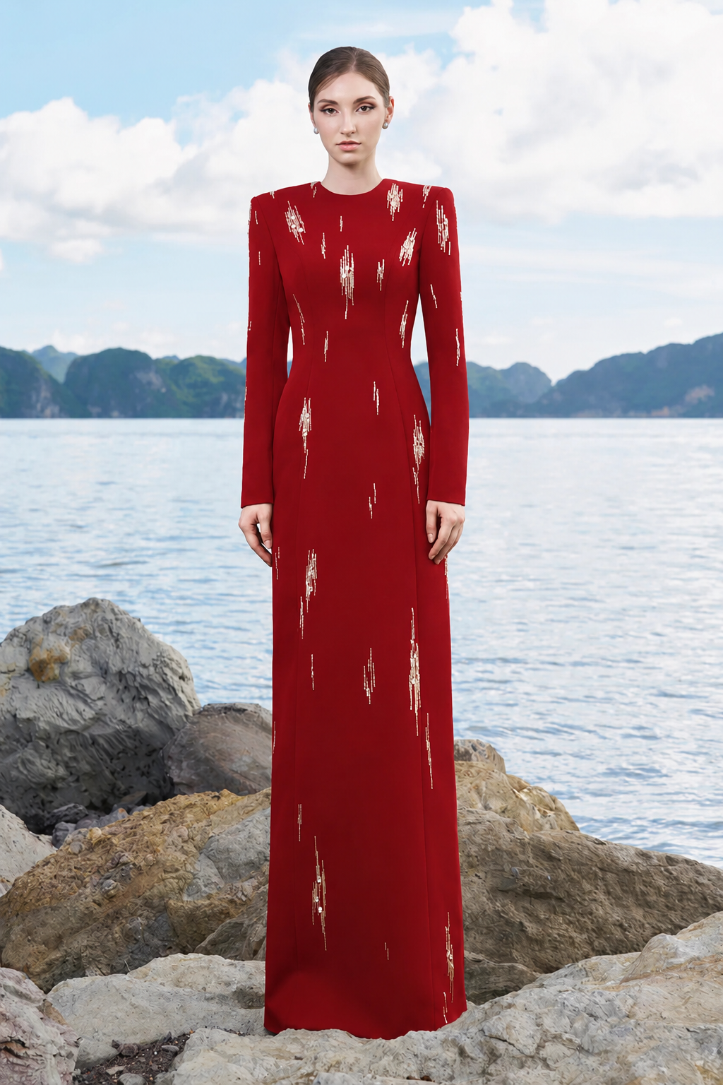 Rainfall Bead Embellished Long Sleeves Dress - TRACY COUTURE