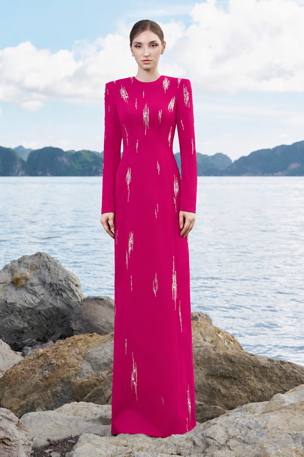 Rainfall Bead Embellished Long Sleeves Dress - TRACY COUTURE