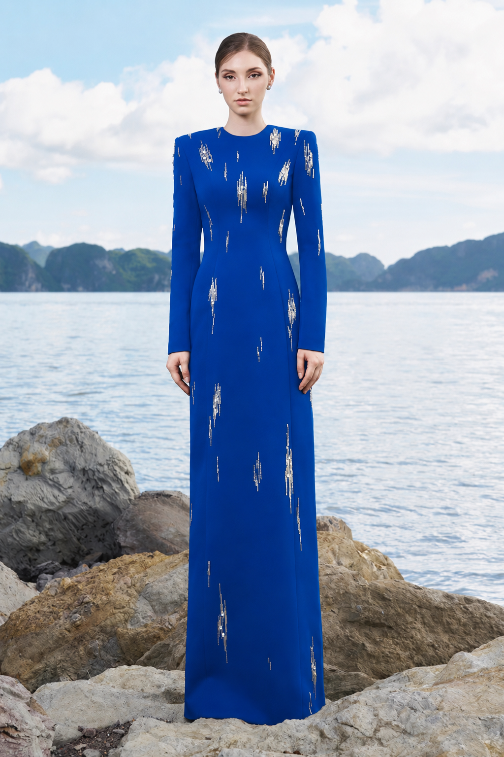 Rainfall Bead Embellished Long Sleeves Dress - TRACY COUTURE