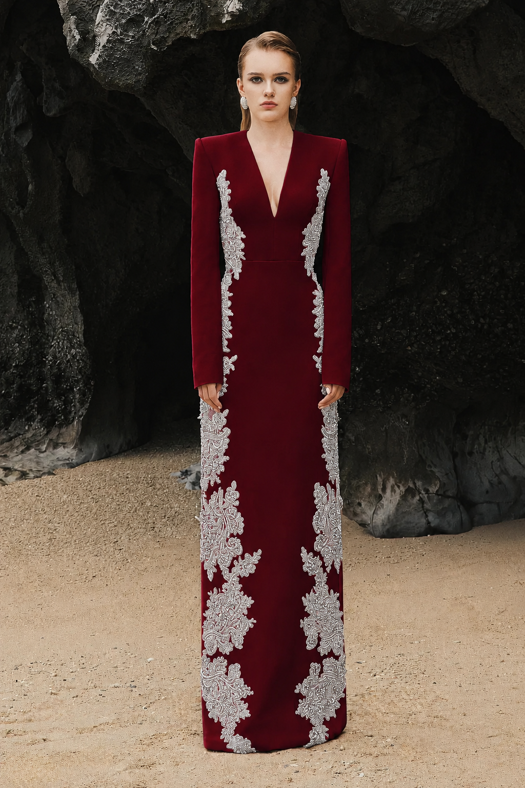 V-Neck Symmetric Sided Crystal Embellished Dress - TRACY COUTURE