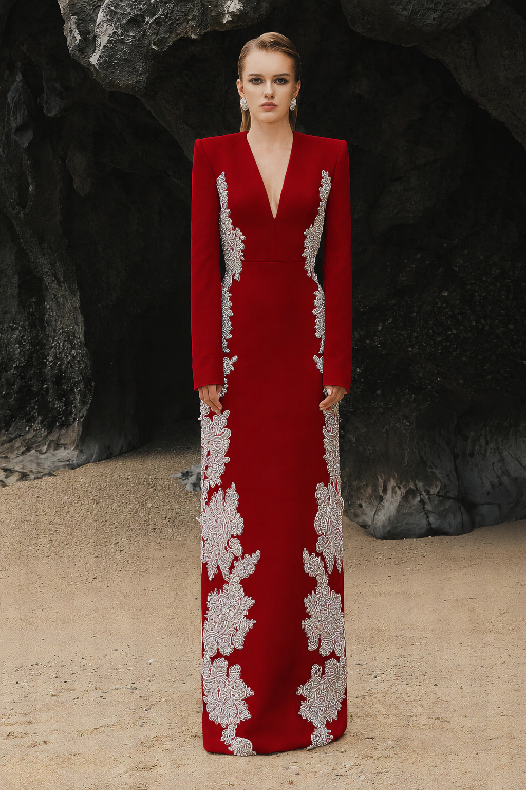 V-Neck Symmetric Sided Crystal Embellished Dress - TRACY COUTURE