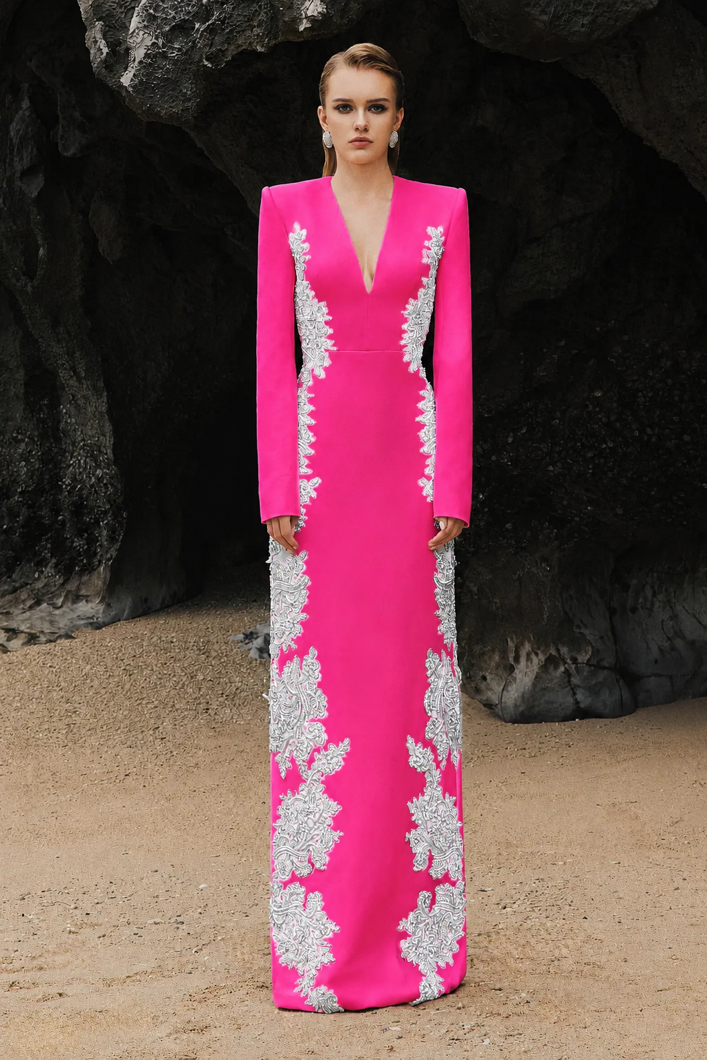 V-Neck Symmetric Sided Crystal Embellished Dress - TRACY COUTURE