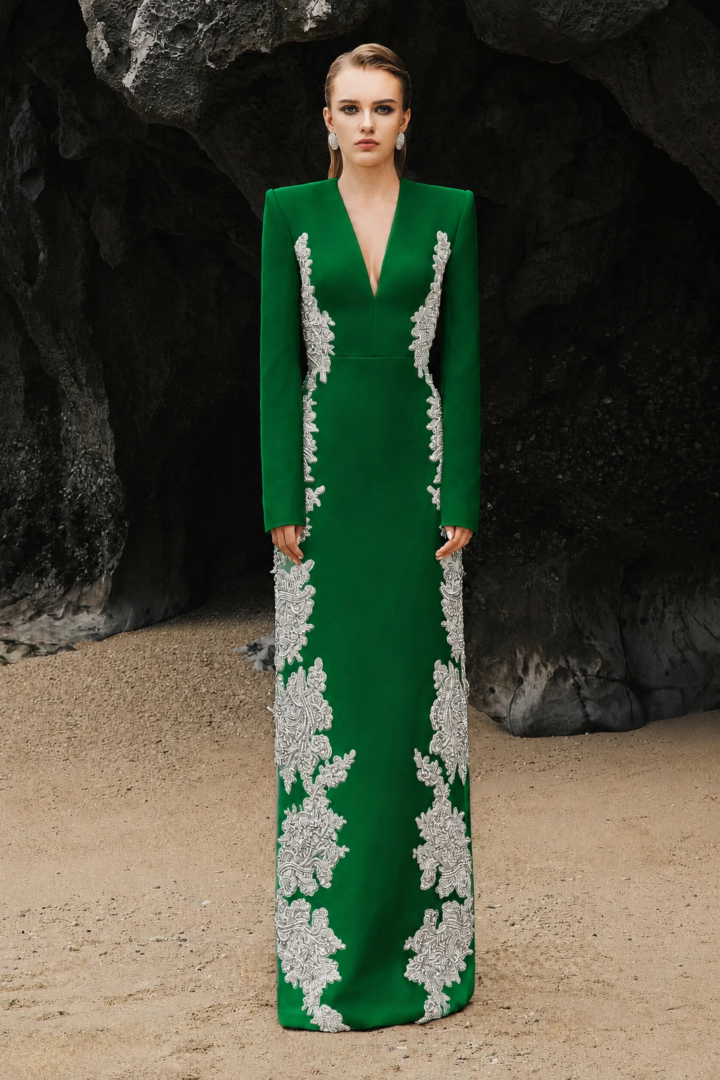 V-Neck Symmetric Sided Crystal Embellished Dress - TRACY COUTURE